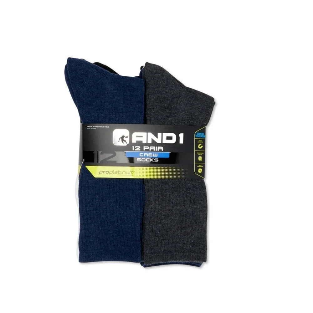 AND1 Men's Cushion Crew Sock, 12 Pack NWT Shoe Size 6-12 Black, Blue, White, Bla